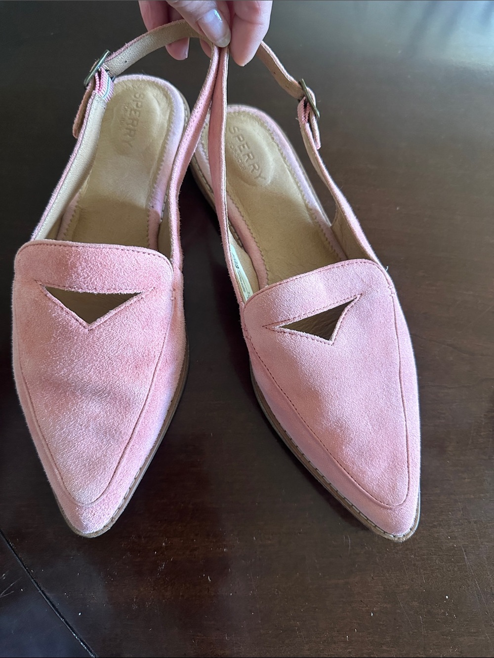 Sperry Pink Suede Pointed Slingback Mules with Triangle Cutout